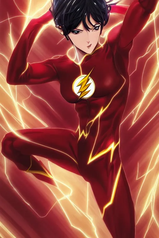 Image similar to anime key visual of a beautiful female the flash!! intricate, red, black, gold suit, powers, speed, lightning hate, dc comics, cinematic, stunning, highly detailed, digital painting, artstation, smooth, hard focus, illustration, art by artgerm and greg rutkowski and alphonse mucha