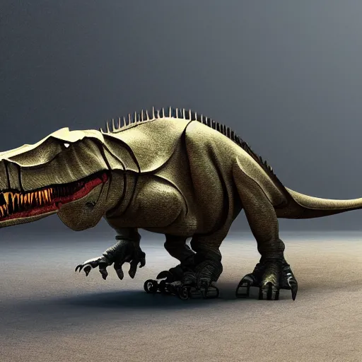 Prompt: teleguided mechanical t-rex, photorealistic, 4k