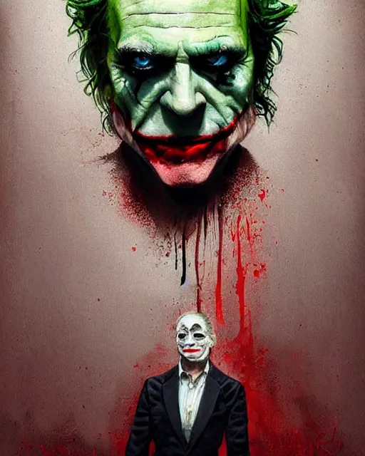 Image similar to a highly detailed epic cinematic concept art CG render digital painting artwork: The joker. By Greg Rutkowski, in the style of Francis Bacon and Syd Mead and Norman Rockwell and Beksinski, open ceiling, highly detailed, painted by Francis Bacon and Edward Hopper, painted by James Gilleard, surrealism, airbrush, Ilya Kuvshinov, WLOP, Stanley Artgerm, very coherent, triadic color scheme, art by Takato Yamamoto and James Jean