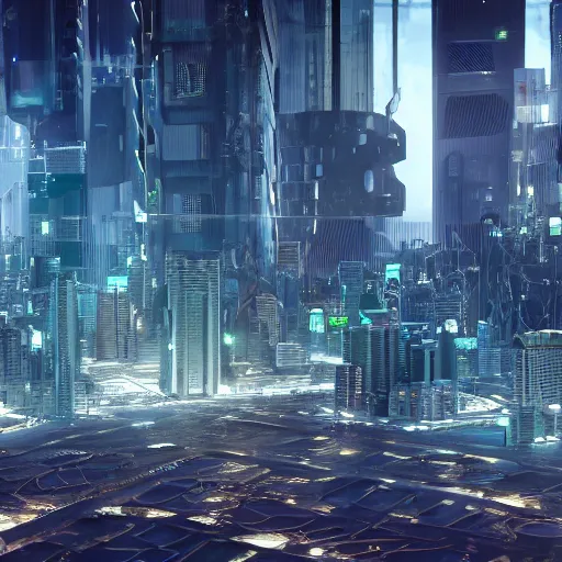 Image similar to photo of a futuristic city in a dystopian future made of electronic components and looks like a giant pcb board. Very detailed 8k. Unreal engine 5 render with nanite, global illumination and path tracing. Cinematic post processing. Emphasize on the colors green and blue.