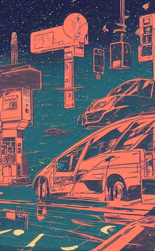 Prompt: gas station in space, sharp focus, vintage, satoshi kon, sci - fi, print, risograph, cinematic, game art