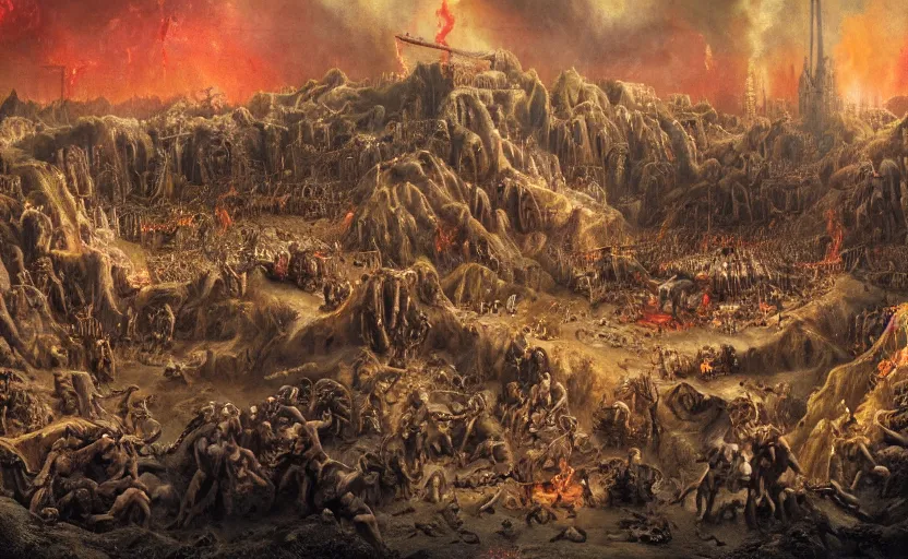 Prompt: a detailed matte painting of the most disturbing depiction of hell, in the style of dantes inferno