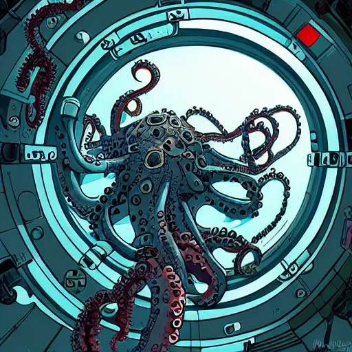 Image similar to robotic Octopus in an airlock, Industrial Scifi, detailed illustration, character portrait, by Martin Grip and Moebius