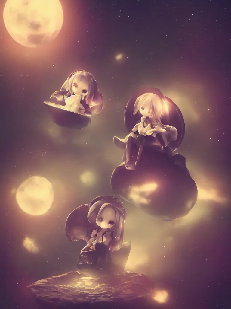 Prompt: cute fumo plush gothic maiden alien girl sitting on a small island floating in the dark galactic abyss, heart eyes, vignette, vray