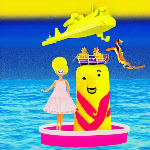 Image similar to ken and barbie having cake by the ocean on a yellow submarine - digital art