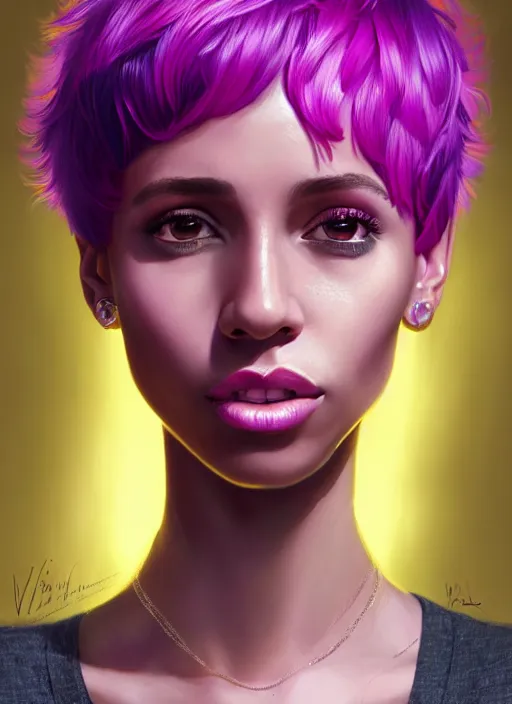 Image similar to portrait of vanessa morgan with bright pink hair, curly pixie cut hair, wearing a purple breton cap, breton cap, hoop earrings, intricate, elegant, glowing lights, highly detailed, digital painting, artstation, concept art, smooth, sharp focus, illustration, art by wlop, mars ravelo and greg rutkowski