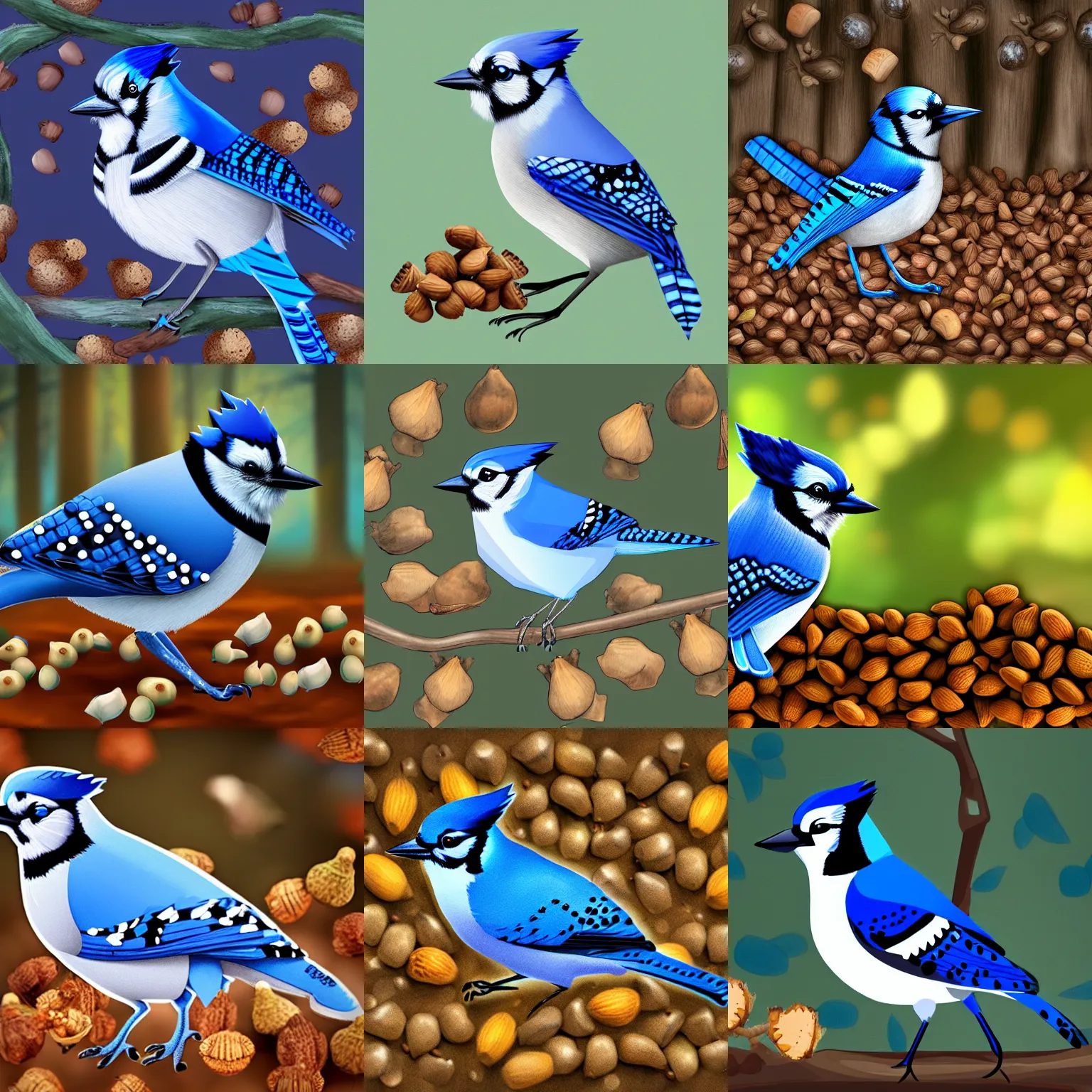 Prompt: blue jay with a pile of acorns in a forest, digital art, clean style, unreal engine