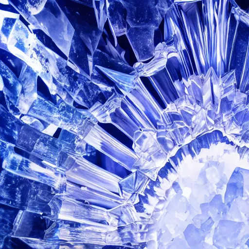 Image similar to abstract carved crystal sculpture made of blue ice, nebula background, 4k