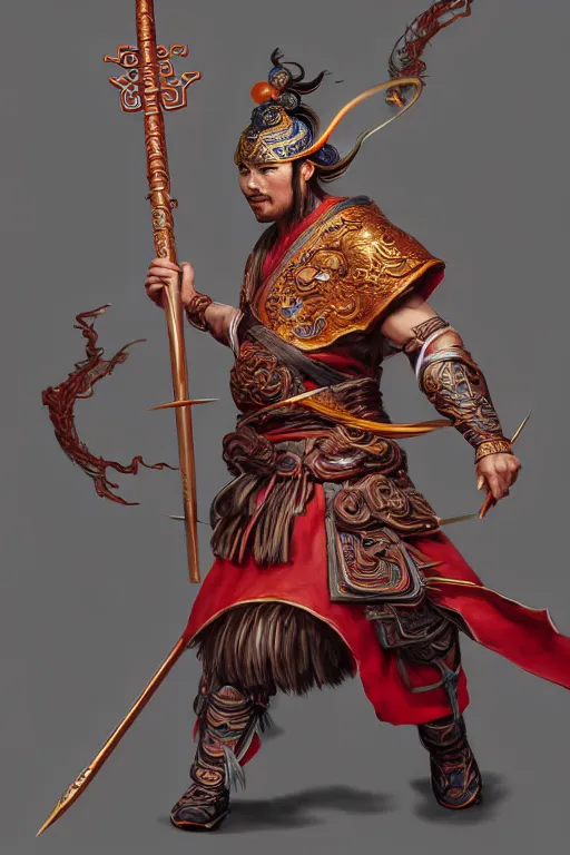 Image similar to charming nezha, highly detailed, man holding spear, flame everywhere, epic pose, masterpiece chinese fantasy character portrait, highly detailed, digital painting, trending on artstation, concept art, sharp focus, illustration, global illumination, ray tracing, realistic shaded, art by artgerm and greg rutkowski and fuji choko and viktoria gavrilenko and hoang lap