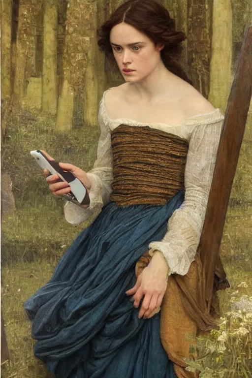 Image similar to a pre raphaelite painting of daisy ridley looking disinterestedly at her phone by dante gabriel rossett