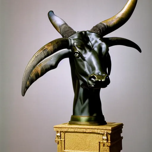 Image similar to professional color photograph of a patinated bronze portrait bust of a furious Texas longhorn steer supported by a bronze plinth, by Auguste Rodin, Jean-Leon Gerome