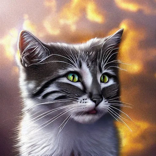 Prompt: 🐱👑🌌🌉💮, realistic painting, high definition, digital art, matte painting, very detailed, realistic