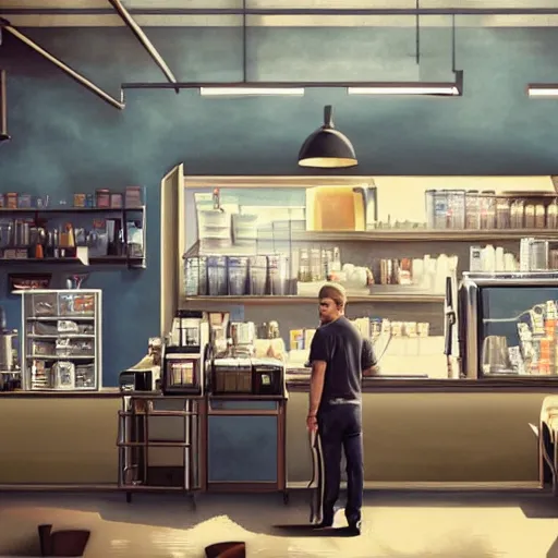 Image similar to Hyperrealistic ultradetailed matte painting of Jesse Pinkman working at a coffee shop, realistic, detailed lighting, cinematic, trending on artstation and 500px and behance