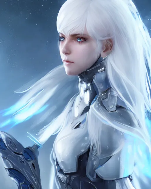 Image similar to perfect white haired girl, warframe armor, beautiful, pretty face, blue eyes, detailed, windy weather, scifi, platform, laboratory, experiment, 4 k, ultra realistic, epic lighting, high detail, masterpiece, by akihito tsukushi, charlie bowater, ross tran