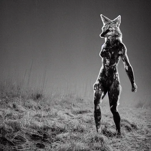 Image similar to bad quality blurry nightfootage nightcam black and white trailcam footage of native weird distorted human bodySkinwalker transforming into a coyote, low resolution, compressed