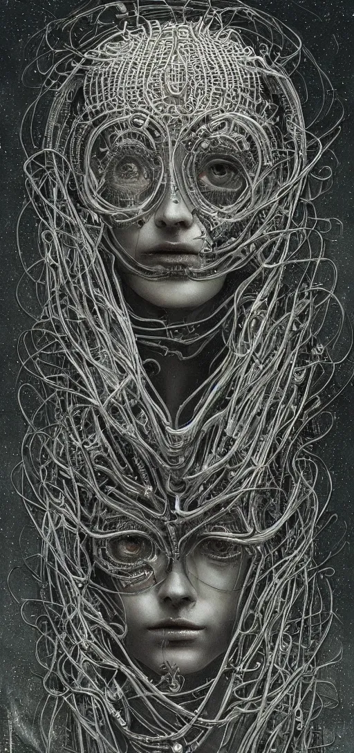 Image similar to female robot pilot, mechanical creature, electronic wires relays computer nerves, girl face, dystopian surrealism, alex ries zdzisław beksinski giger, very intricate details, demon chinese female, deep luminous eyes contain galaxies, head contains nebula, deep aesthetic, concept art, carved silver circuits diodes resistors semiconductors, highly ornate