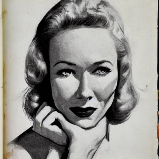 Prompt: “Naomi Watts portrait, color vintage magazine illustration 1950”