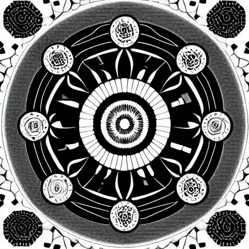 Image similar to a circular mandala with five symbolic hot air balloons equally spaced in a radial hexagonal configuration around a symbolic sun at its center. a precise black and white digital image.