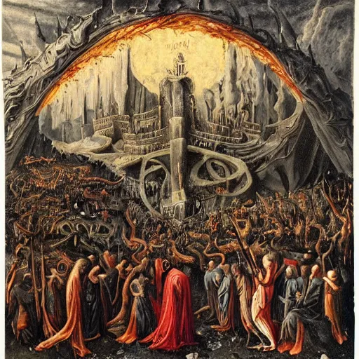 Image similar to a religious scene, chaos, night, rot, blood, epic art, dante's inferno, highly detailed, intricate background