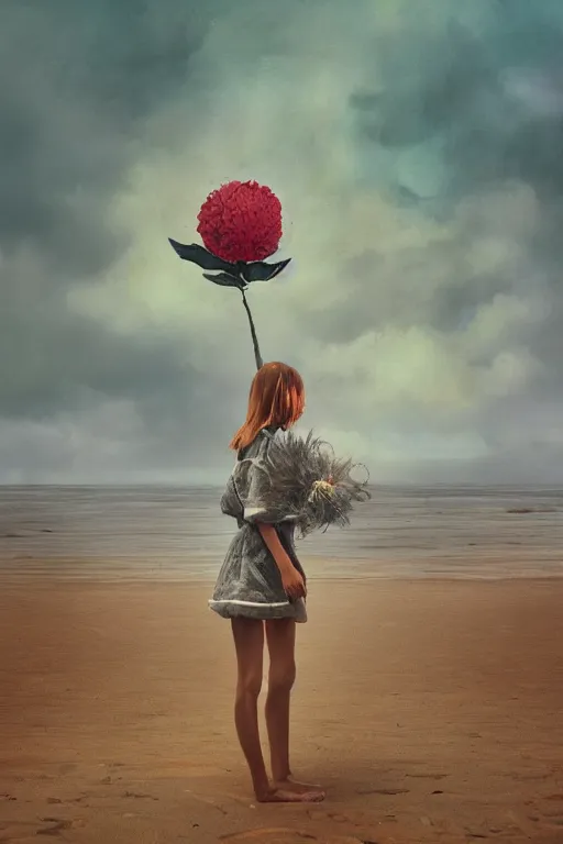 Prompt: portrait, giant flower head, a girl on beach, surreal photography, wind and cold, dramatic sky, impressionist painting, digital painting, artstation, simon stalenhag