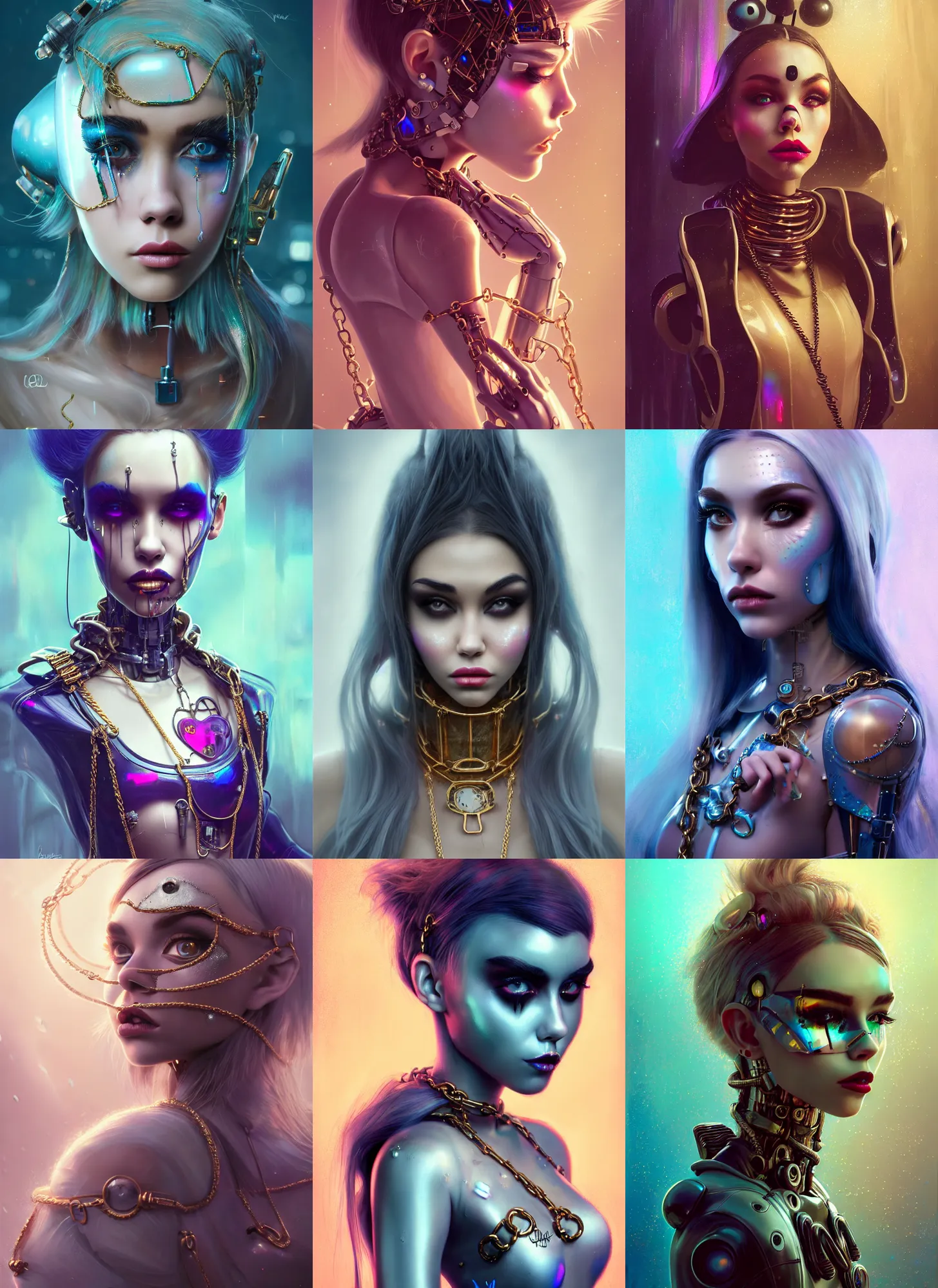 Prompt: disney 8 k photo, lush glossy ivory magnificent iridescent chained emo clowncore prom cyborg madison beer, fashion art, ( golden ratio ), arctic, sci fi, fantasy, cyberpunk, intricate, decadent, highly detailed, digital painting, octane render, artstation, concept art, smooth, sharp focus, illustration, art by loish, wlop