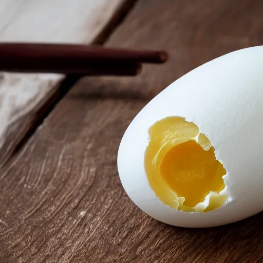 Image similar to a photograph of a hard boiled egg, sitting on top a table, there is a table cloth with an ornate pattern. minimalistic, natural light, depth of field