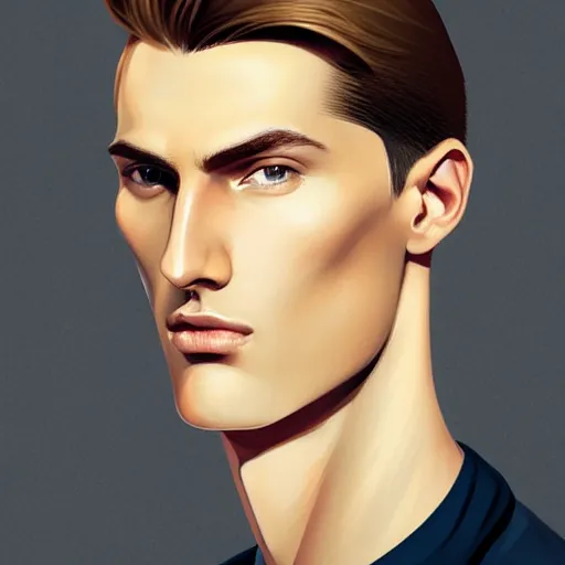 Image similar to tall man in his twenties with brown blond short quiff hair and thin slightly round facial structure with cleft chin, straight eyebrows and prominent nose, good definition of cheekbones, big hazel nut brown eyes, narrow face, slim body, atmospheric lighting, painted, intricate, 4 k, highly detailed by charlie bowater