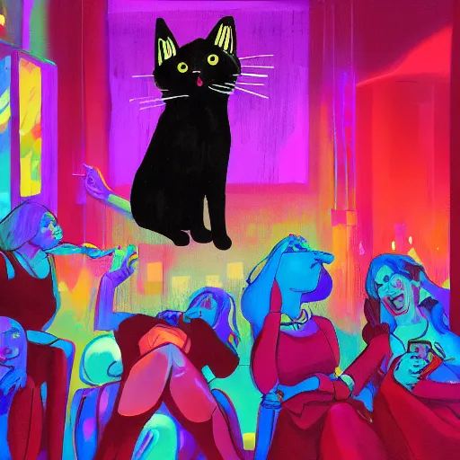 Image similar to cat partying in a club. digital art, expressive painting, trending on artstation.