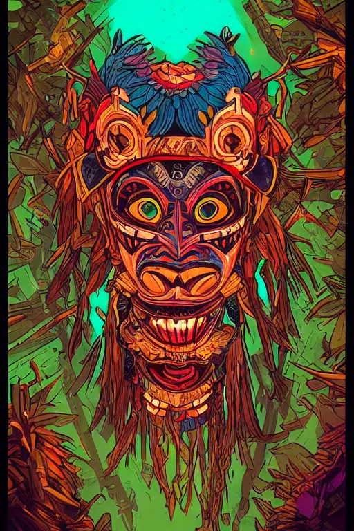 Image similar to totem animal tribal chaman vodoo mask feather gemstone plant wood rock video game illustration vivid color borderlands by josan gonzales and dan mumford radiating a glowing aura