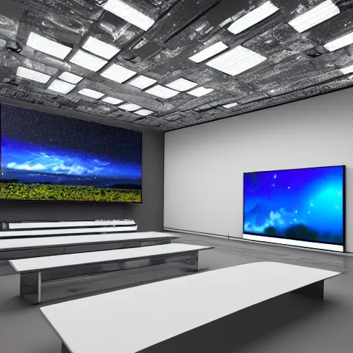 Image similar to large rectangular gallery hall with a large screen on the wall, cyberspace, moonlight, art station, detailed, colorful, symmetrical