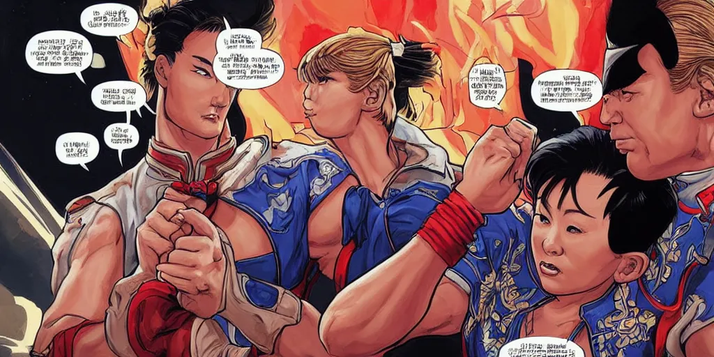 Image similar to Chun Li teaching Trump karate. Epic painting by James Gurney and Laurie Greasley.