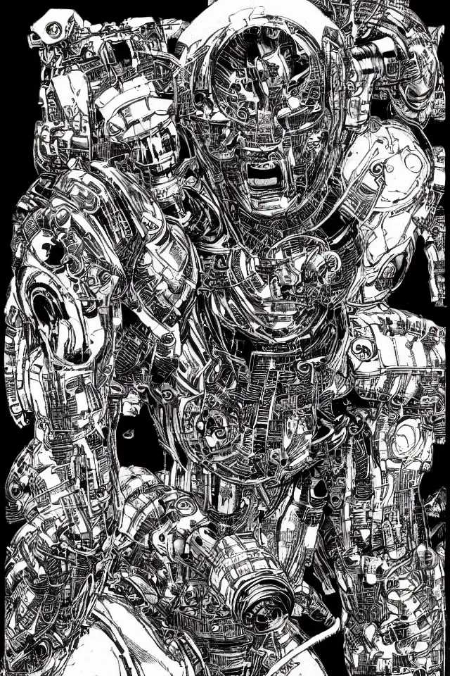 Prompt: comic book illustration, portrait of Machine Man, concept art by Barry Windsor-Smith, highly detailed, intricate, sci-fi, sharp focus, Trending on Artstation HQ, deviantart