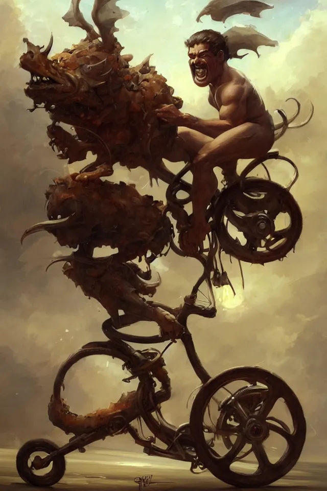 Image similar to A beautiful oil cartoony painting of a happy Remi Malek riding a tricycle by Lucas Graciano, Frank Frazetta, Greg Rutkowski, Boris Vallejo, epic fantasy character art, high fantasy, Exquisite detail, post-processing, low angle, masterpiece, cinematic