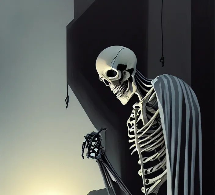 Image similar to skeleton jesus, noir, sharp focus, intricate, illustration, cell shaded, digital painting, highly detailed, matte, art by ilya kuvshinov, wlop, greg rutkowski, reflections, studio quality, james jean, artem demura