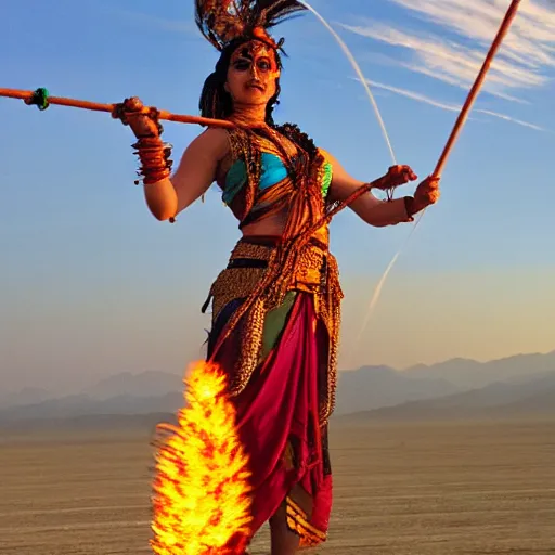 Image similar to hindu goddess of firespinning, burning man, fire poi, fire staff, tesseract, intricate