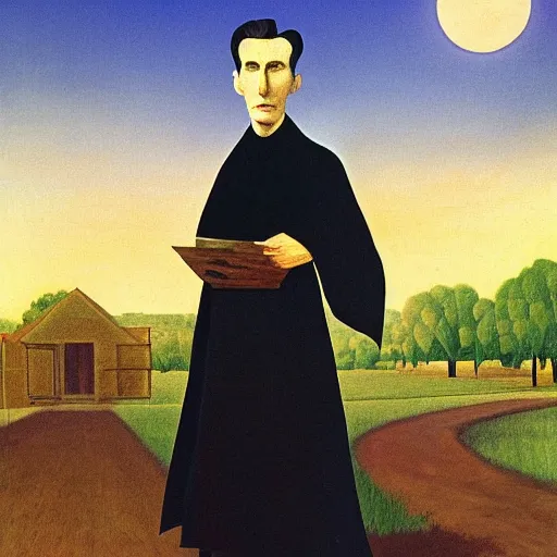 Prompt: grant wood's painting of dracula on the porch of a southern plantation at dusk, proudly gazing out on his cotton fields with the moon rising above. he is pale, with black hair and a black and red cape.