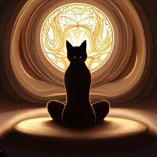 Image similar to a cat meditating in lotus position, emiting mystical light, intricate, elegant, highly detailed, my rendition, digital painting, artstation, concept art, smooth, sharp focus, radiant light, illustration, art by artgerm and greg rutkowski and alphonse mucha