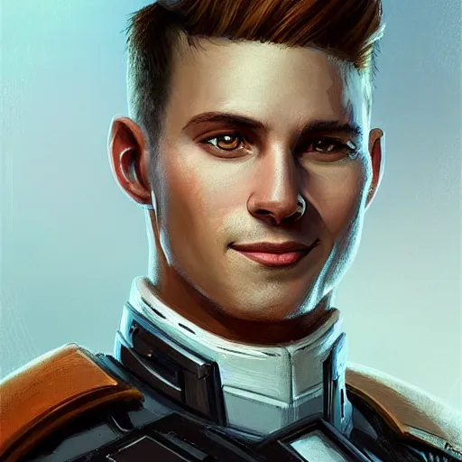 Image similar to Portrait of a man by Greg Rutkowski, he is about 30 years old, mixture between russian and turkish, quiff copper hair, attractive, uncanny smile, he is wearing a futuristic police outfit, highly detailed portrait, scifi, digital painting, artstation, concept art, smooth, sharp foccus ilustration, Artstation HQ