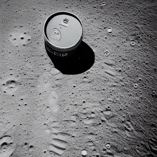 Prompt: a closeup photo of a beer can on the moon. a closeup photo of a headstock of a guitar