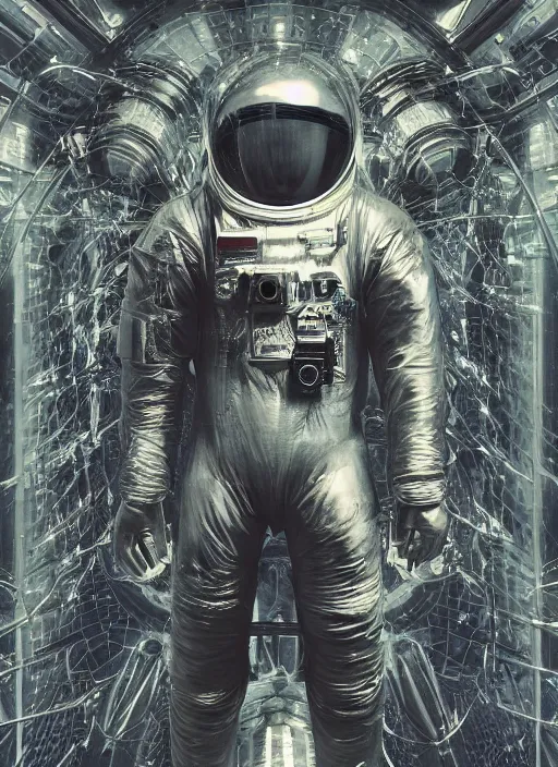 Image similar to astronaut in dark void underwater - complex and hyperdetailed technical suit design. reflection and dispersion materials. rays and dispersion of light. volumetric light. f / 3 2. noise film photo. flash photography. ultra realistic, 5 0 mm. poster by wayne barlowe, hajime sorayama aaron horkey, craig mullins