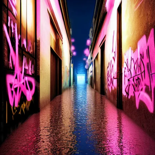 Image similar to photo realistic lively alley in paris at night after rain storm with warm glowing lamps and graffiti on walls with a woman in a pink bikini walking her large purple dog noir goddess, character design, dark fantasy, photo realistic, unreal engine, terrifying ambience, smooth lighting, cinematic lighting, masterpiece, ultra detailed, hyper realistic, octane render, 8 k, photo - realistic