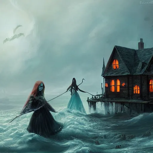 Prompt: realistic scary witches in front of a candy witch house, floating on the ocean, epic scene, fantasy, cinematic, hyper - detailed, in the style of greg rutkowski