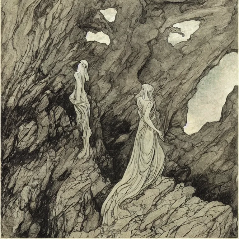 Prompt: A woman standing on a cliff, looking out at a storm Anton Pieck,Jean Delville, Amano,Yves Tanguy, Alphonse Mucha, Ernst Haeckel, Edward Robert Hughes,Stanisław Szukalski and Roger Dean