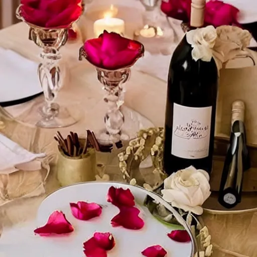 Prompt: beautiful romantic luxury table with wine bottle and candles covered in rose petals