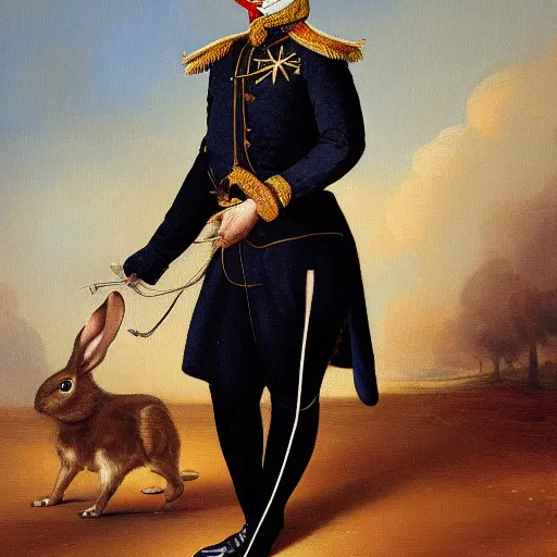 Prompt: A painting of a rabbit wearing a napoleon-era officer's uniform