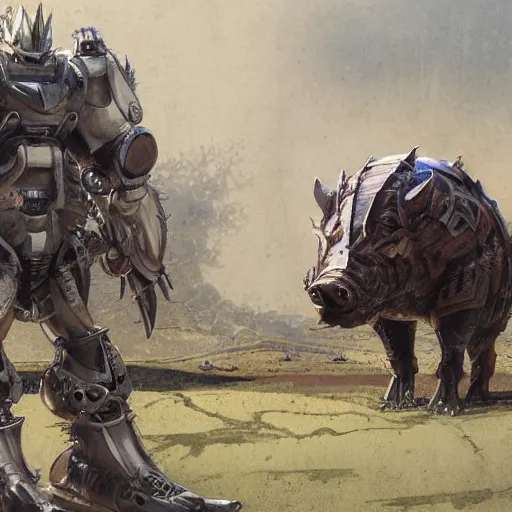 Image similar to an ashigaru mecha boar by brian froud and greg rutkowski