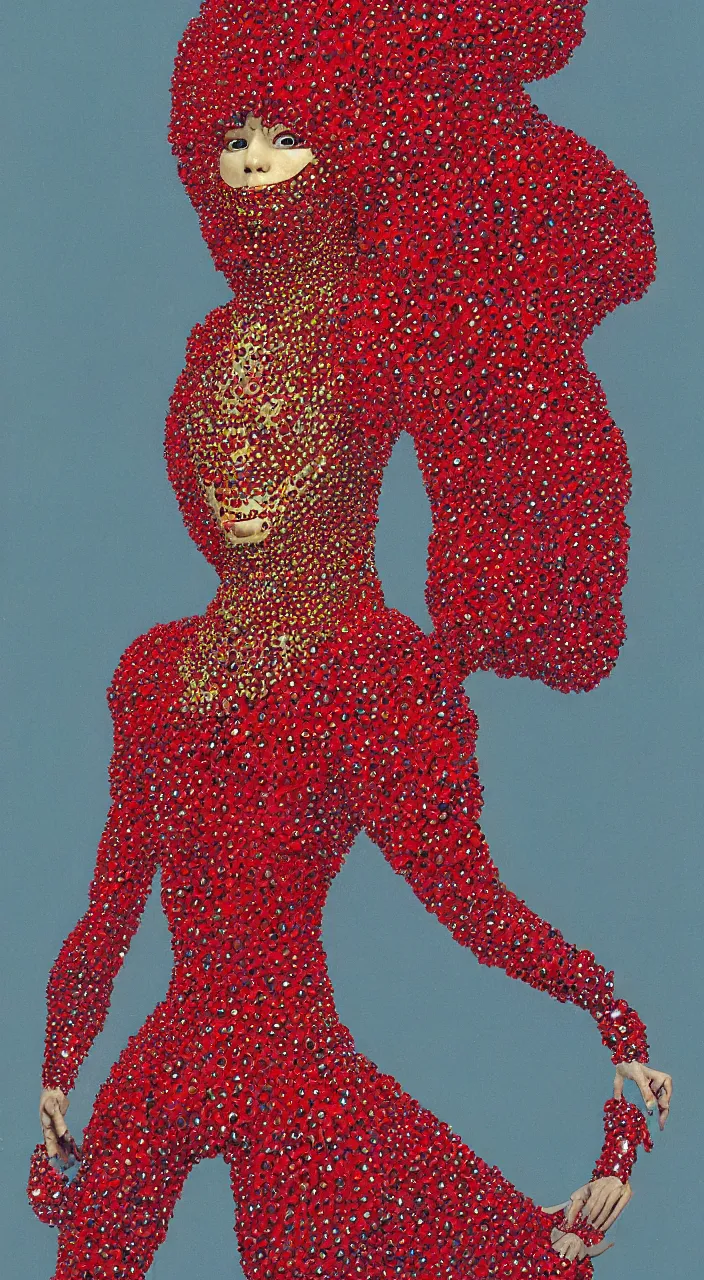 Prompt: a full - body female character design wearing a red sequined bodysuit, beads hanging over her face like an alexander mcqueen headdress, costume by eiko ishioka, haute couture by moebius, steven outram, colorful and psychedelic