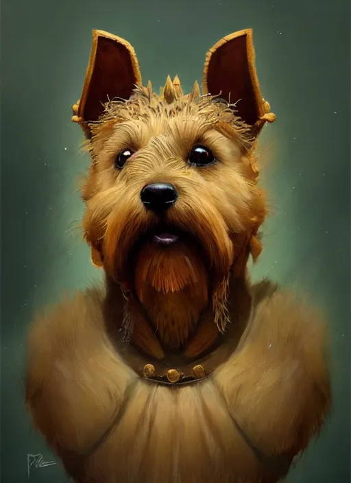 Image similar to norwich terrier as an king, backround dark, highly detailed, digital illustration, trending in artstation, modern painting, smooth, sharp focus, intricate, by peter mohrbacher