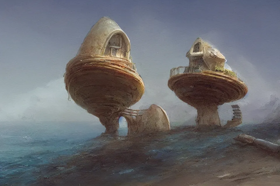 Prompt: giant seashell shaped house where a fisherman, in the style of john harris and moebius