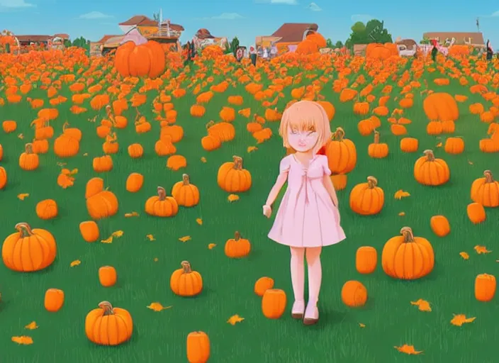 Image similar to little girl with long blonde hair visiting a pumpkin patch. she is facing away from the viewer. clean cel shaded vector art. shutterstock. behance hd by lois van baarle, artgerm, helen huang, by makoto shinkai and ilya kuvshinov, rossdraws, illustration, art by ilya kuvshinov